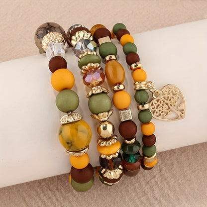 Bracelet Set, 24-Piece Assorted Wood-Bead Elastic Stack with Tassels and Pendant-Style Accents
