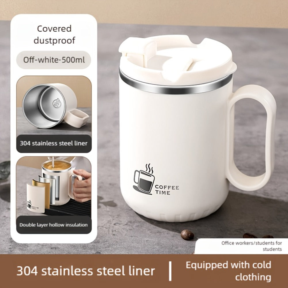 500ml Covered Stainless Steel Coffee Travel Mug with Handle in White, Black, Red, Grey or Brown