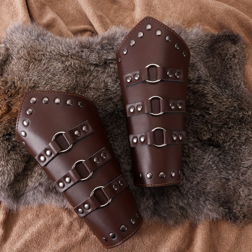 Medieval Arm Bracers 2pcs PU Leather Gauntlet Wristbands for Men, Renaissance Knight Warrior Viking Cosplay Costume Prop for Halloween LARP Stage Performance Photo Shoot, Black & Brown