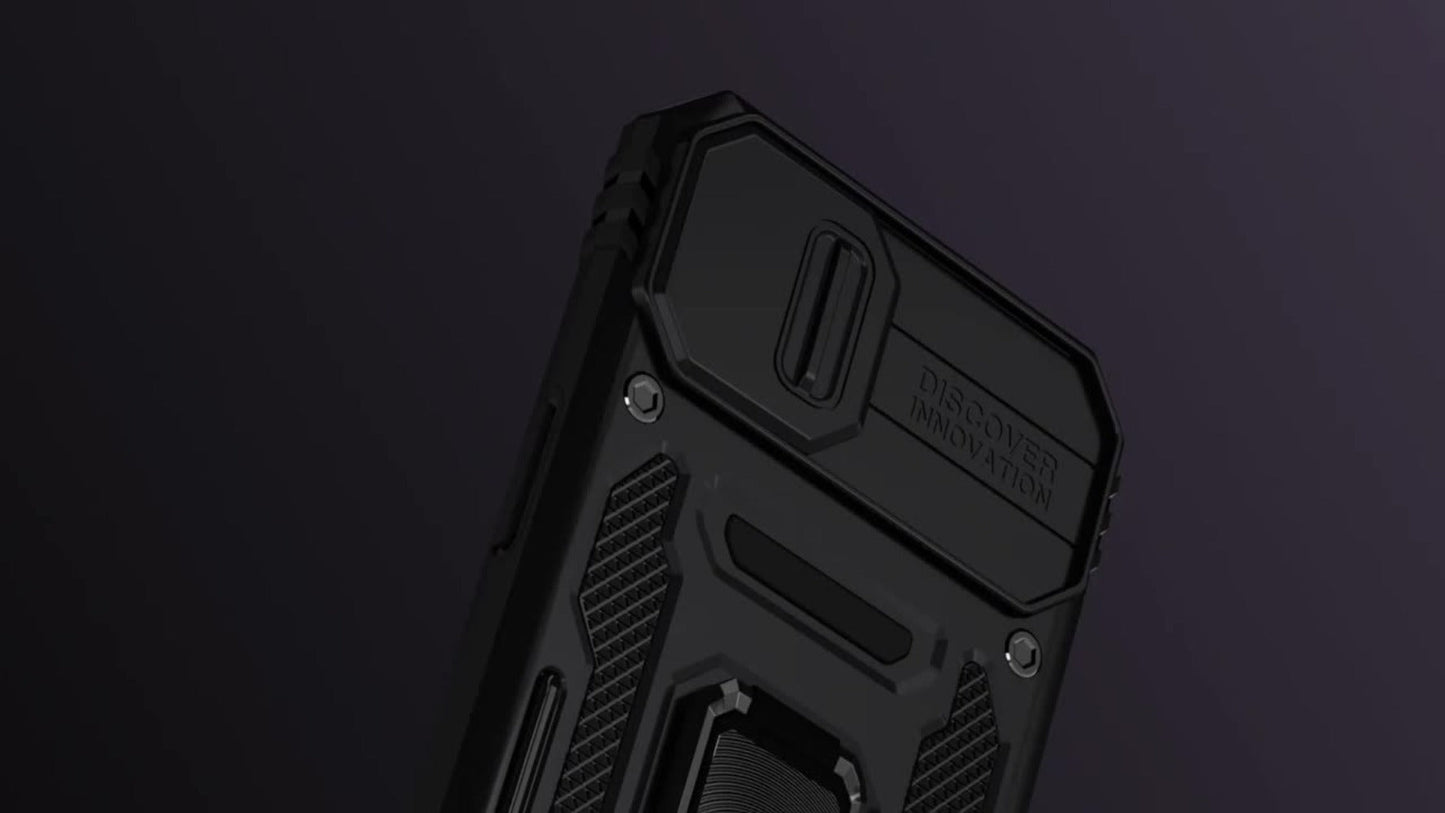 Samsung Galaxy Shockproof Magnetic Phone Case with 360° Rotating Ring Bracket & Sliding Lens Protector – Heavy Duty Cover for S24FE S23FE S22 S21FE Ultra A55 A54 A35 A34 A25 A24 A16 A15 A14 A06 A05 A05S 5G
