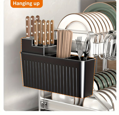 Stainless Steel Two-Tier Dish Drying Rack with Drainboard, Cup Holders, Utensil Caddy and Lid Rack