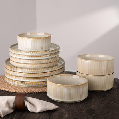 12-Piece Ribbed Dinnerware Set for Four with Dinner Plates, Salad Plates and Cereal Bowls in Two Cream Tones