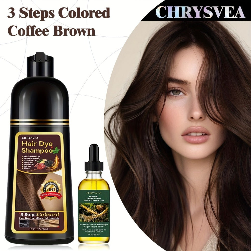 Hair Dye Shampoo, CHRYSVEA 500ml Bottle with 30ml Hair Oil and Nine Shade Options Set for At-Home Color Selection