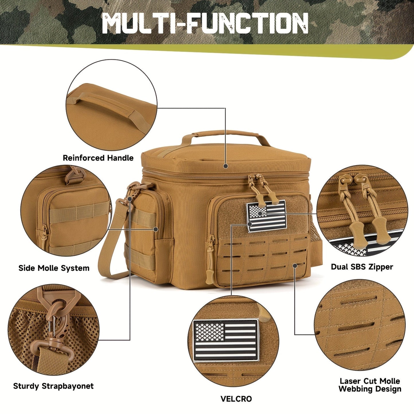 Tactical Insulated Lunch Bag for Men – Expandable Heavy-Duty Cooler Bag with MOLLE Webbing, Leakproof Thermal Lunch Box for Work, Camping, Outdoor Picnic & Hiking – Available in Green, Black & Khaki