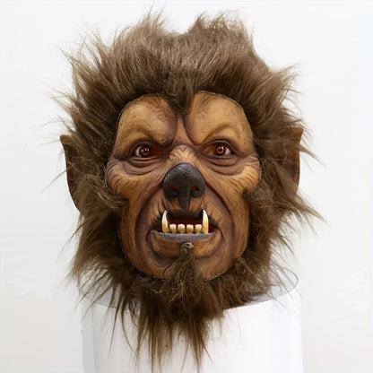 Hairy Brown Beast Costume Mask with Full-Head Creature Face, Pointed Ears and Faux-Fur Surround