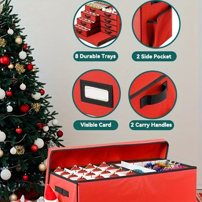 Christmas Ornament Storage Box with 128 Compartments, Eight Removable Trays and Red or Green Color Options