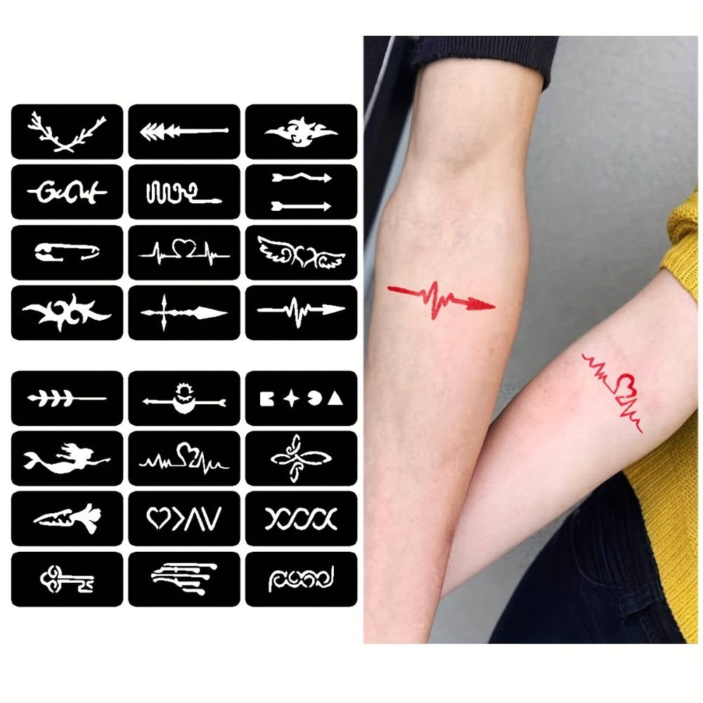 DIY Tattoo Stencils Set 12 Sheets Hollow Design Templates | Reusable Body Art Kit for Arm Ankle Ear Wrist | Waterproof Compatible with Juice Paste Freehand Ink Henna | Unisex Home Party Tattoo Kit