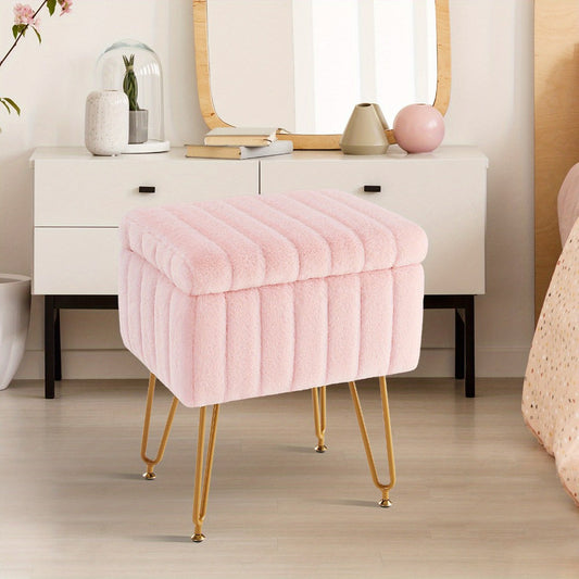 Faux Fur Storage Ottoman Stool – Soft Furry Vanity Seat with Storage, 4 Metal Legs & Non-Slip Feet – Cute Modern Multi-Function Chair for Bedroom, Vanity & Living Room
