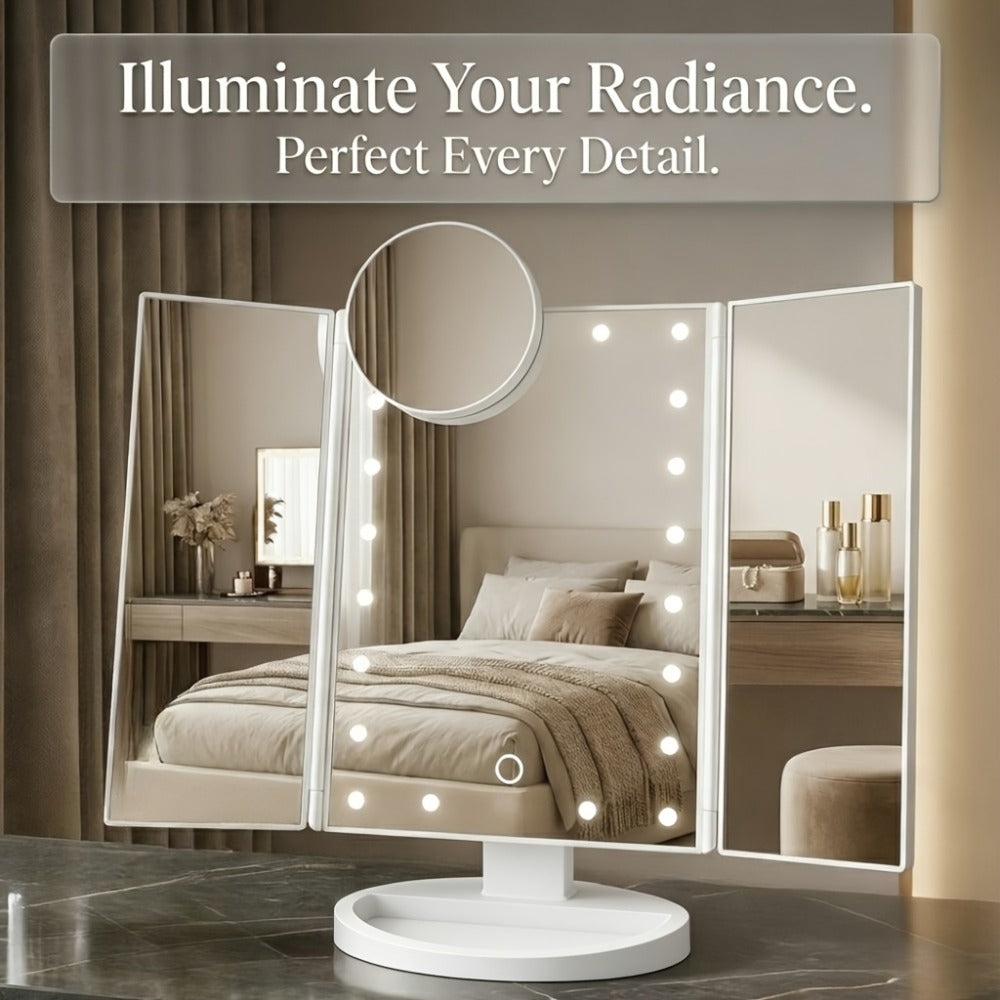 LED Tri-Fold Makeup Mirror with Touch Screen, 1X/2X/3X/10X Magnifying Vanity Mirror, Flexible Adjustable Base