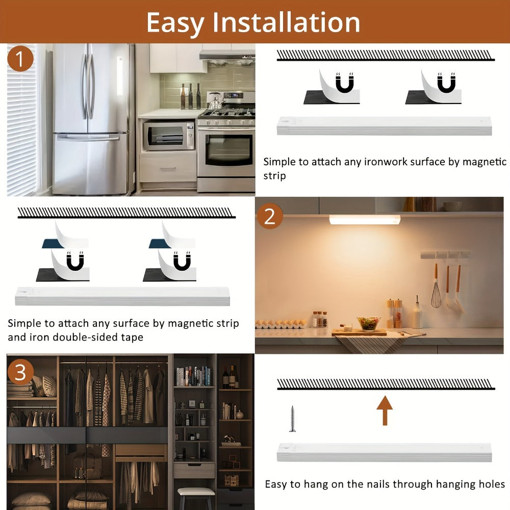 Motion Sensor Cabinet Light 3-Pack – 3-Color Temperature Dimmable Under Counter Closet Light, Wireless Magnetic USB Rechargeable for Kitchen, Wardrobe, Stairs, Hallway & Vanity (11cm / 20cm / 40cm)