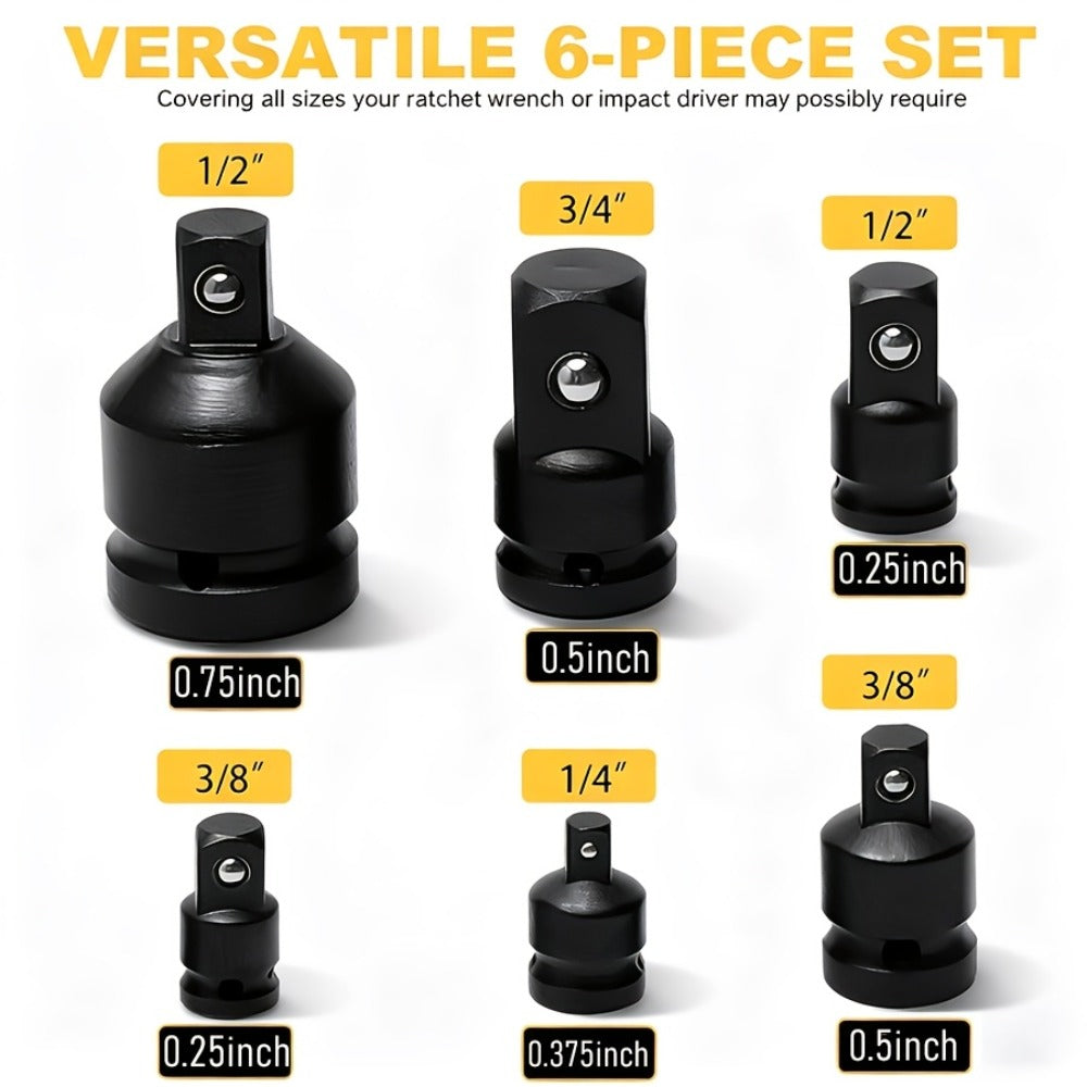 Impact Adapter & Reducer Set 6-Piece – 1/4" 3/8" 1/2" 3/4" Female-to-Male Air Square Drive Conversion Tool | Chrome Molybdenum Steel with Protective Cover | Auto Repair & Mechanical Work