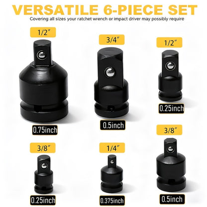 Impact Adapter & Reducer Set 6-Piece – 1/4" 3/8" 1/2" 3/4" Female-to-Male Air Square Drive Conversion Tool | Chrome Molybdenum Steel with Protective Cover | Auto Repair & Mechanical Work