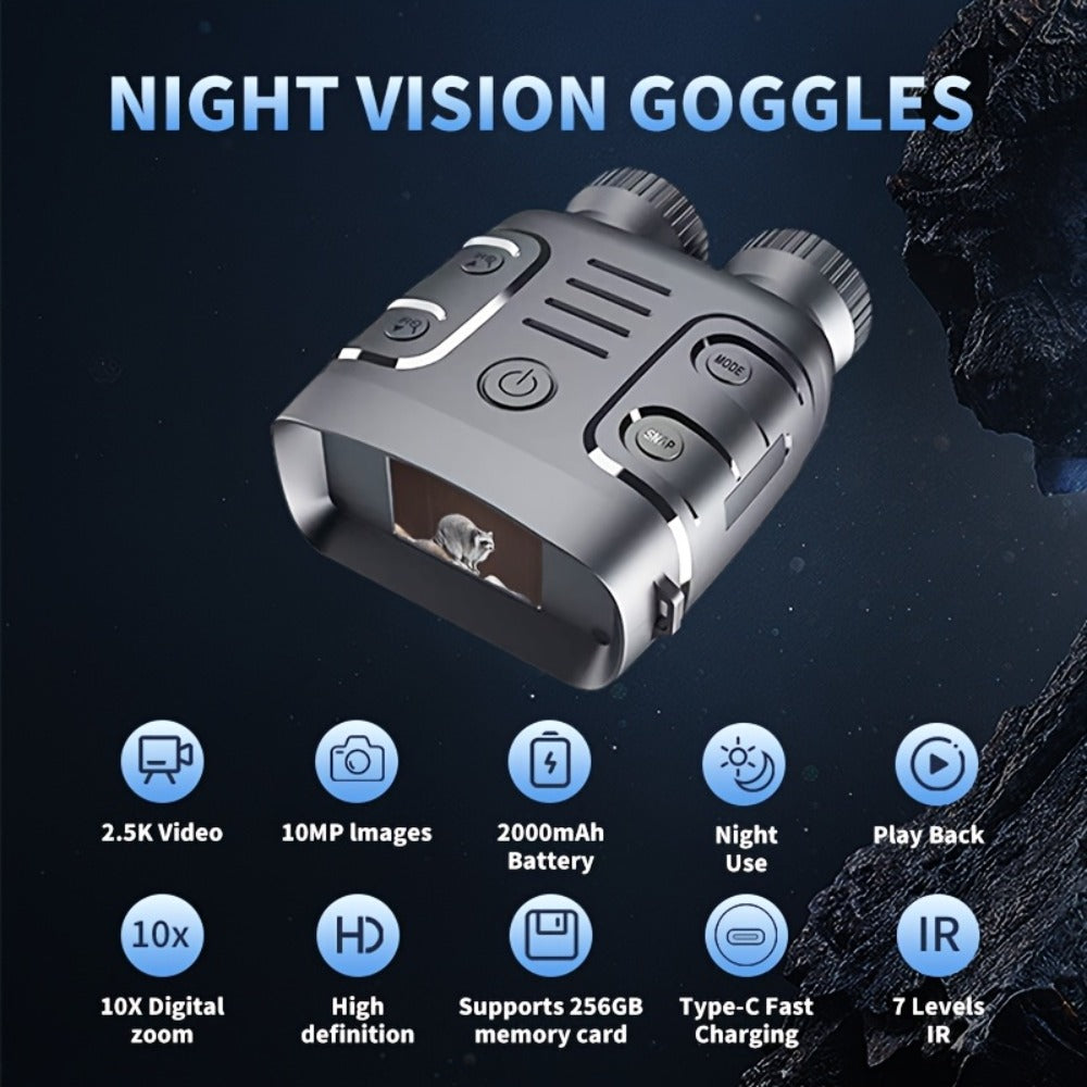 Infrared Night Vision Goggles HD 2.5K with 10X Zoom & CMOS Sensor – Full-Dark Visibility Binocular Scope for Hunting, Boating & Outdoor Adventures, Photo & Video Capture, Battery Powered