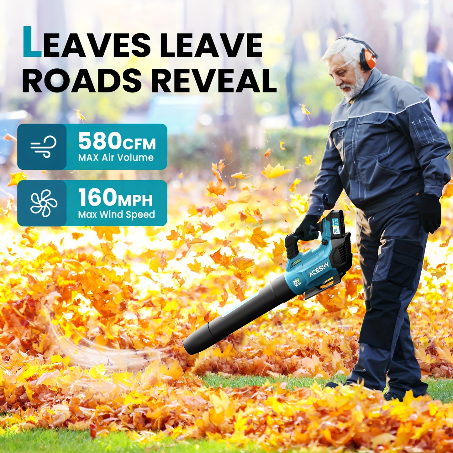 Cordless Leaf Blower 580CFM 160MPH, 2×4.0Ah Battery Powered, 3-Speed Adjustable, Lightweight Ergonomic Design with Shoulder Strap & Extension Nozzle for Lawn Yard Patio
