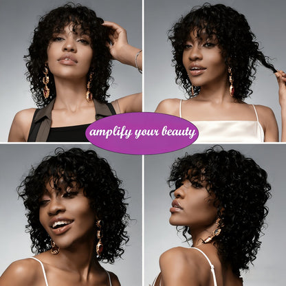 Wavy Elf-Cut Human Hair Wig with Bangs, Rose Mesh Cap and Black 10-Inch Layered Short-Hair Style
