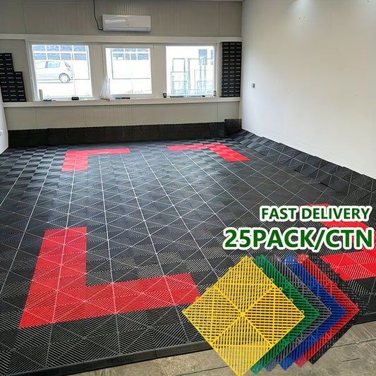 Garage Floor Tiles 25Pcs – Interlocking Plastic Mesh Spliced Floor Mats for Car Wash Auto Detailing Garage Flooring, 5 Colors Available