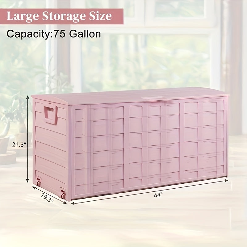 75-Gallon Outdoor Deck Storage Box with Hinged Lid, Side Handles and Pink or Green Options