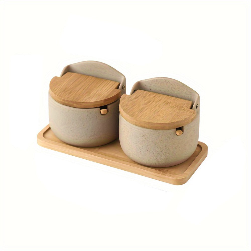 Ceramic-Style Seasoning Pot Set with Lids, Spoons and Tray in One-, Two- or Three-Piece Configurations
