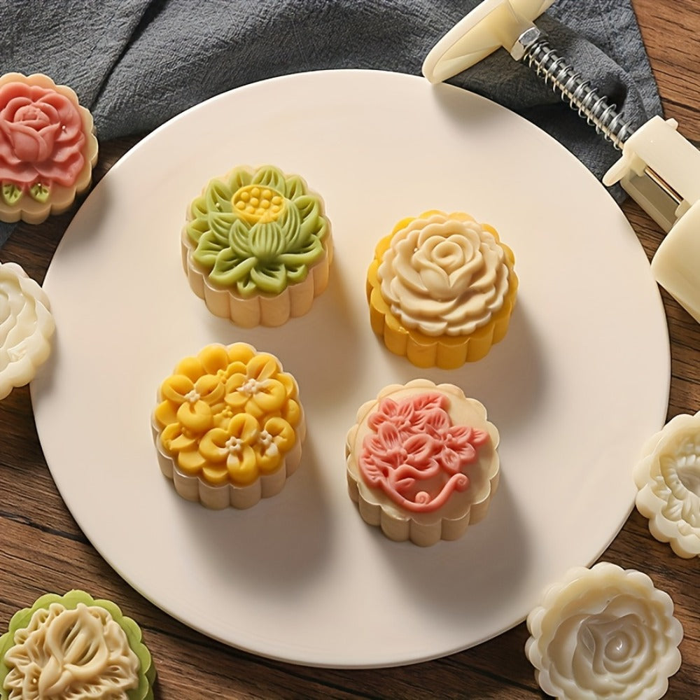 Seven-Piece 50 g Mooncake Press Set with Six Flower Pattern Stamps for Cookies and Pastry Baking