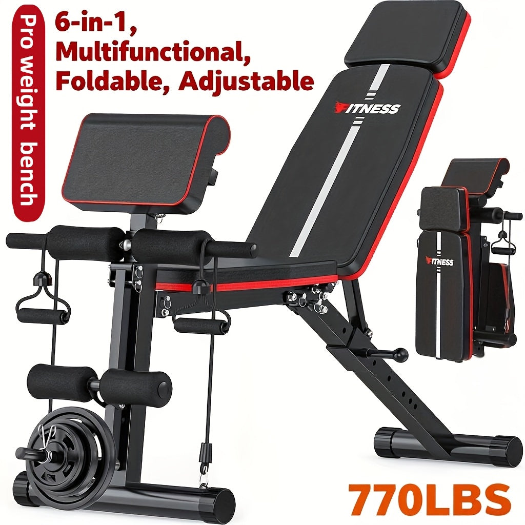 Adjustable Weight Bench 6-in-1 Foldable – Flat Incline Decline, Resistance Bands, Preacher Curl & Leg Developer, 770lb Capacity – Home Gym Strength Training Bench