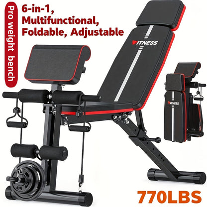 Adjustable Weight Bench 6-in-1 Foldable – Flat Incline Decline, Resistance Bands, Preacher Curl & Leg Developer, 770lb Capacity – Home Gym Strength Training Bench