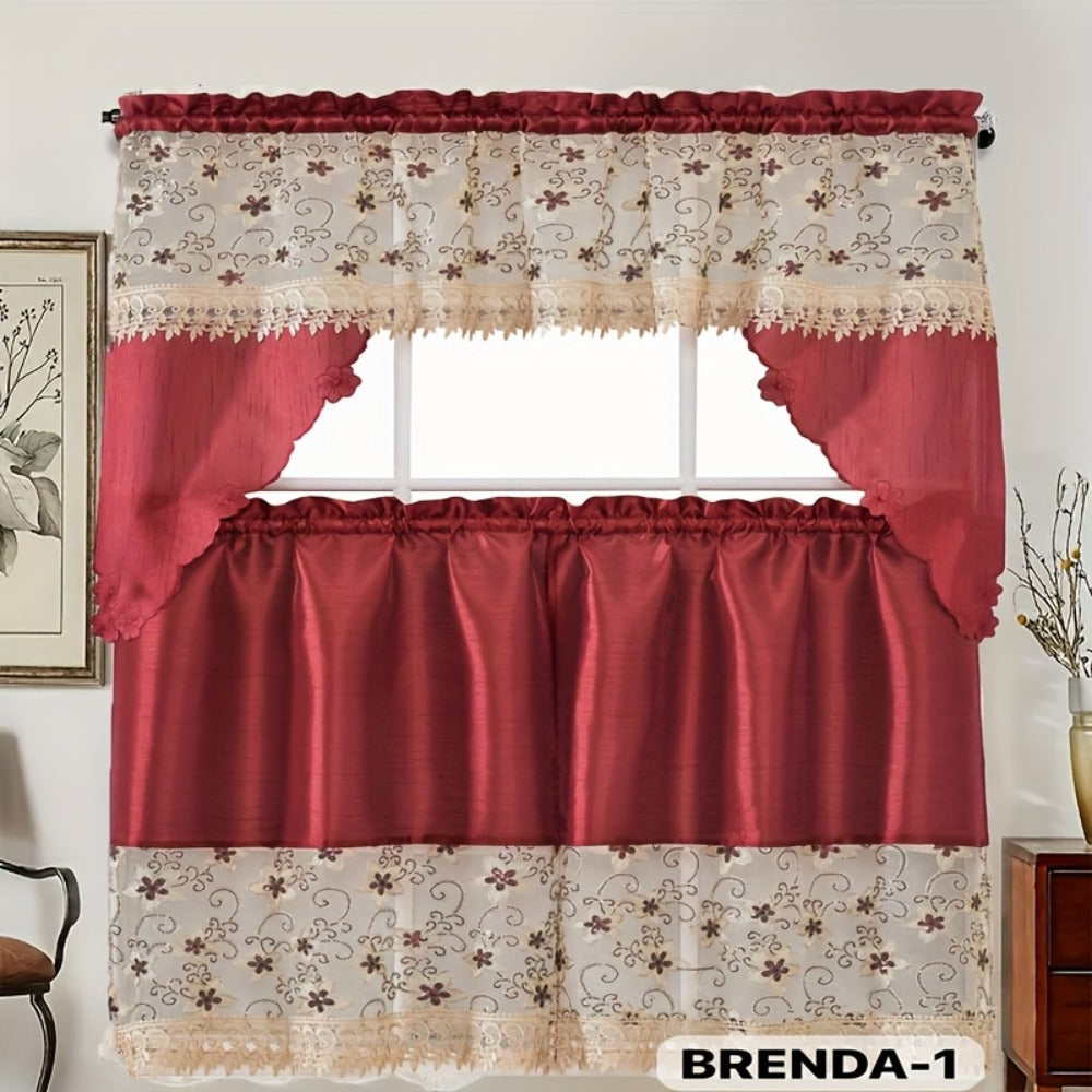 Three-Piece Patterned Kitchen Curtain Set with One Valance, Two Tiers and Forty-Six Exact Design Options