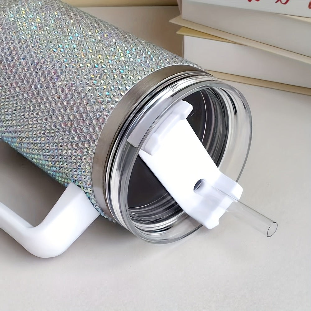 Rhinestone-Covered 40oz Stainless Steel Tumbler with Handle, Straw Lid and Textured Silver Finish