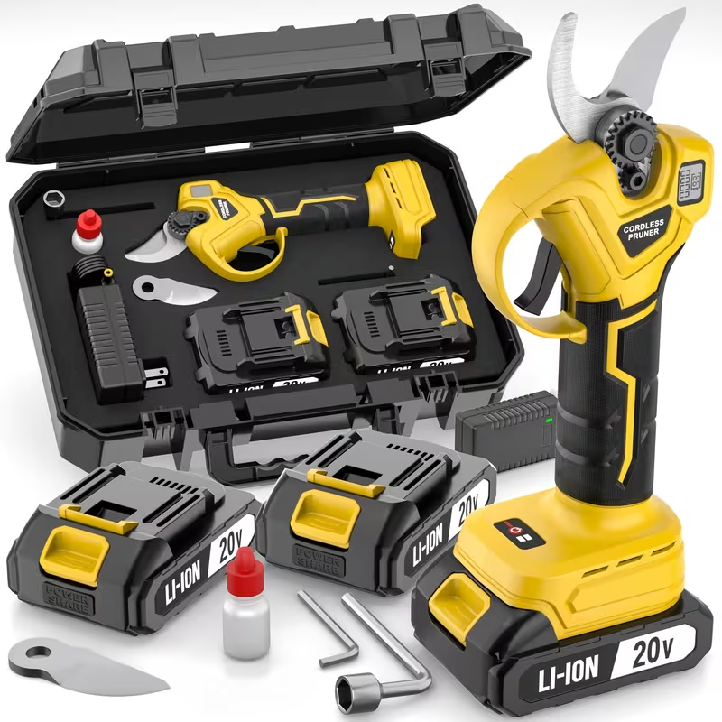 20V-Labeled Cordless Pruning Shears with Display, Yellow or Green Body and One- or Two-Battery Kits
