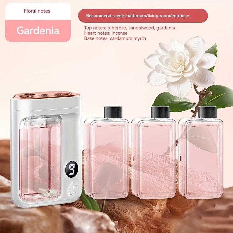 Essential Oil Aromatherapy Diffuser Set – Mini Humidifier with 7 Spray Levels, 1/4/8 Hour Timer, 5.07oz Capacity, Room Decor Scent Diffuser with Hilton, Gardenia, Ocean & Shangri-La Oils