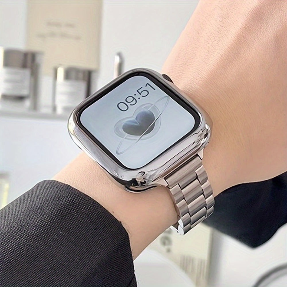 Slim Waist Apple Watch Steel Band & Half Shell Case 3-Piece Set – 2 Stainless Steel Bands + Protective Case Compatible with Apple Watch Series 1–9 SE Ultra 38 40 41 42 44 45 49mm – Gold Silver Rose Black