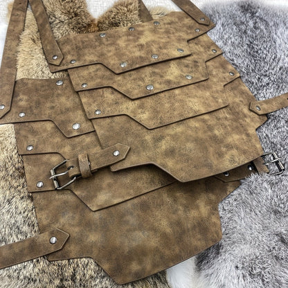 Medieval Costume Shoulder Armor Pair with Layered Riveted Panels, Cross-Back Straps and Three Checkout Colors
