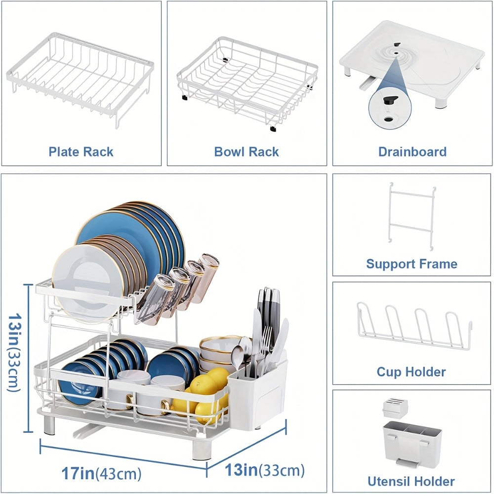 Dish Drying Rack Kitchen Organizer with Two Tiers, Drain Board, Utensil Cup and Three Color Options
