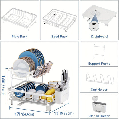 Dish Drying Rack Kitchen Organizer with Two Tiers, Drain Board, Utensil Cup and Three Color Options
