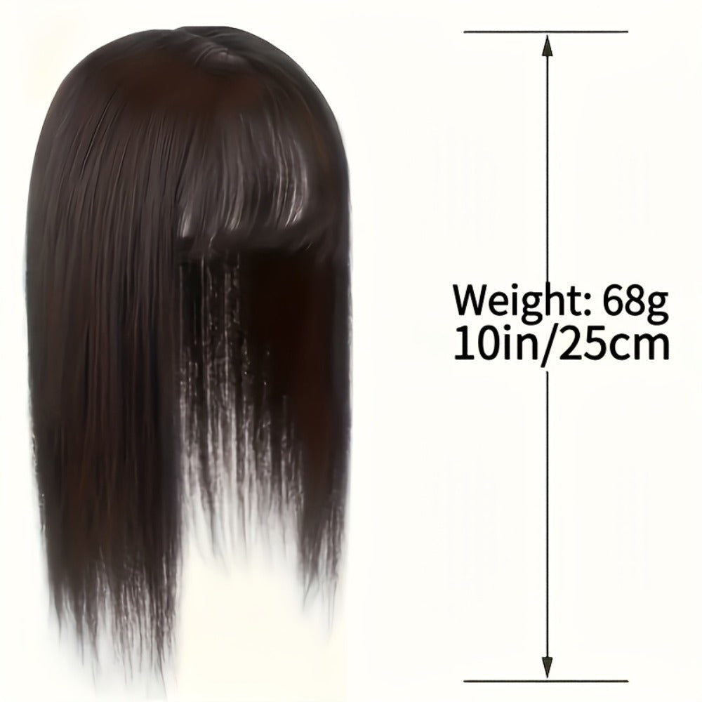 10-Inch Clip-In Hair Topper with Bangs in Black, Dark Brown or Light Brown Crown Coverage Options