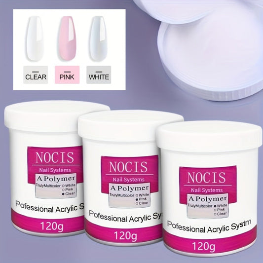 Crystal Acrylic Powder 120g White Pink Clear — Professional Nail Extension Powder for Carving 3D Nail Art Salon & Home Use Beginner to Tech