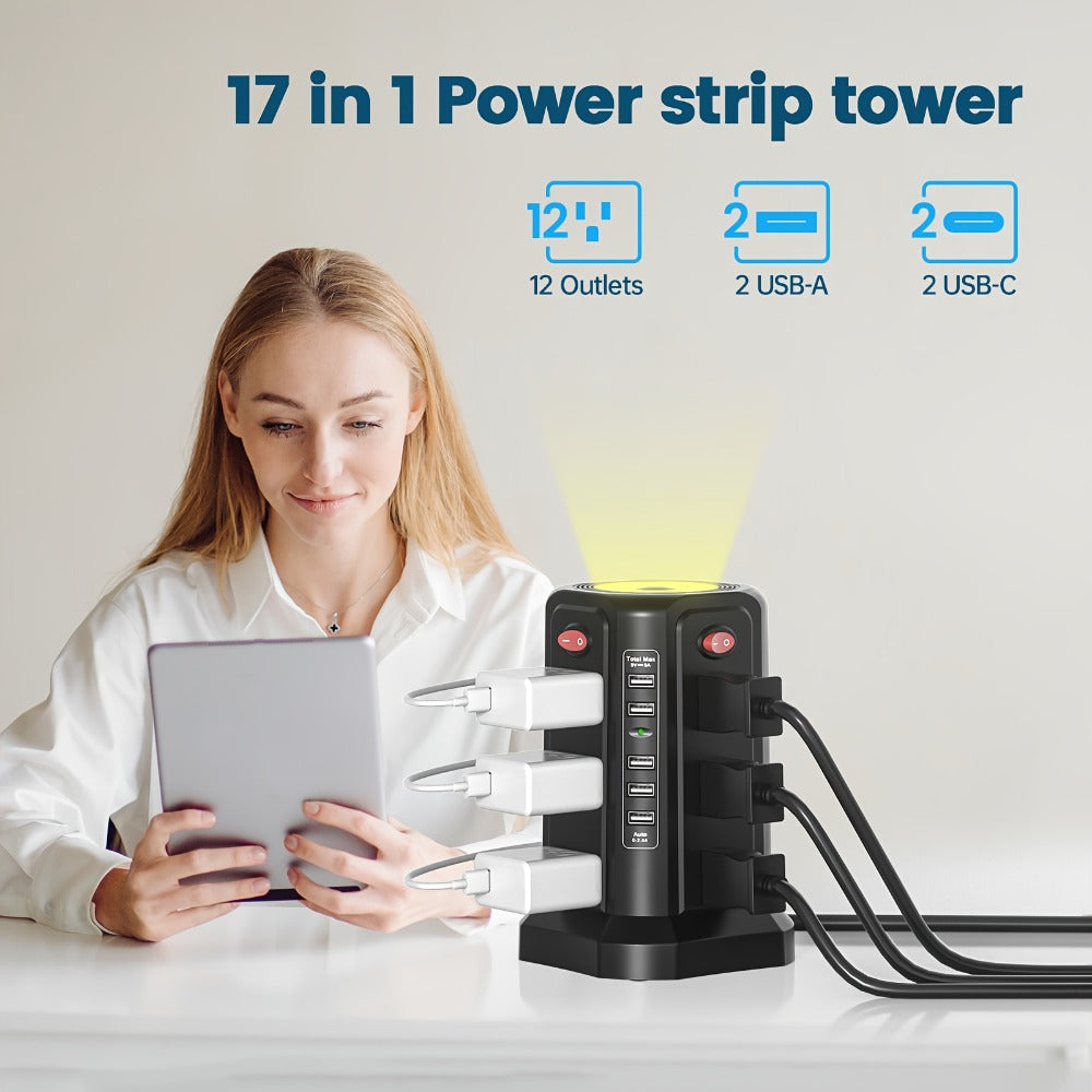 Night Light Power Tower Surge Protector 17-in-1, 12 AC Outlets & 5 USB Ports, 10.2ft Extension Cord, 4 Independent Switches, Overload Protection Charging Station for Home Office Dorm Room – White