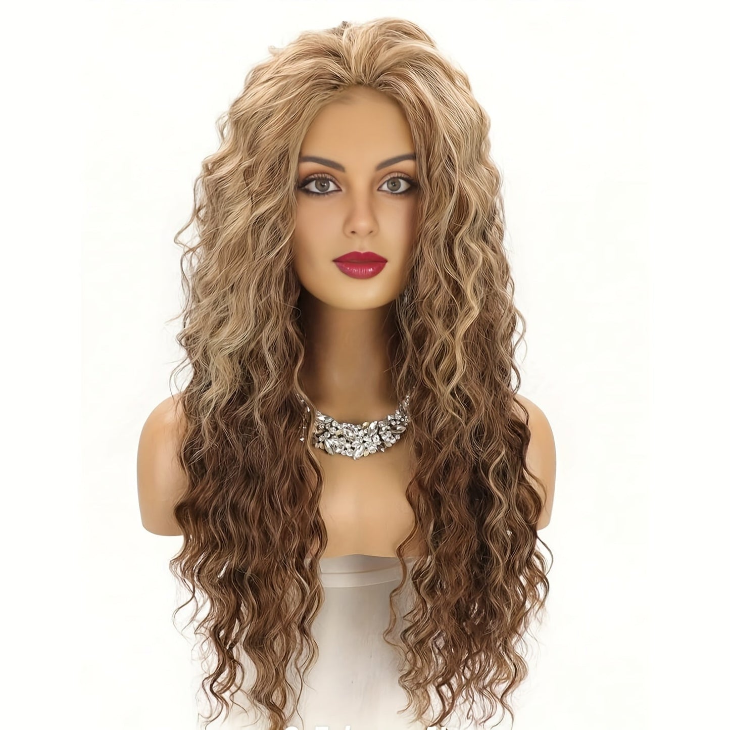 Synthetic Wig 30-Inch Long Curly Waves with Dark Roots, Middle Part and Three Ombre Colors