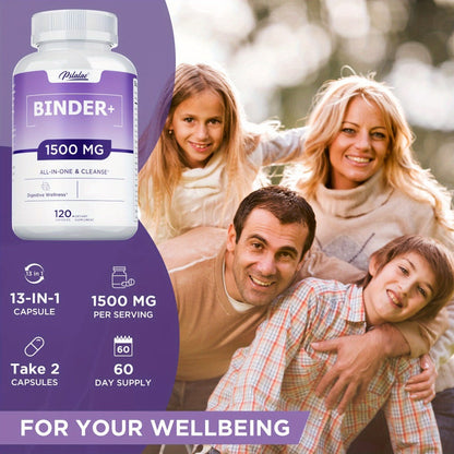 Dietary Supplement 13-in-1 Binder Capsules with Activated Charcoal, Zeolite and Bentonite Clay, 120 Count