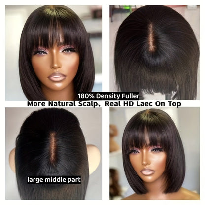 Lace Front Wig Human Hair Bob with Bangs, 4x1 HD Lace, 180% Density and 10-14in Length Choices