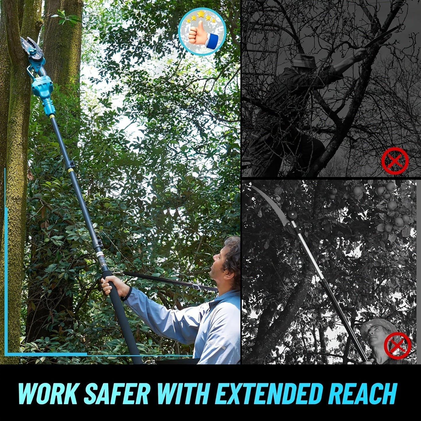 Blue 6-Inch Cordless Pole Saw with 2.0Ah Battery Label, 4.6–10 Foot Extension and Two Package Options