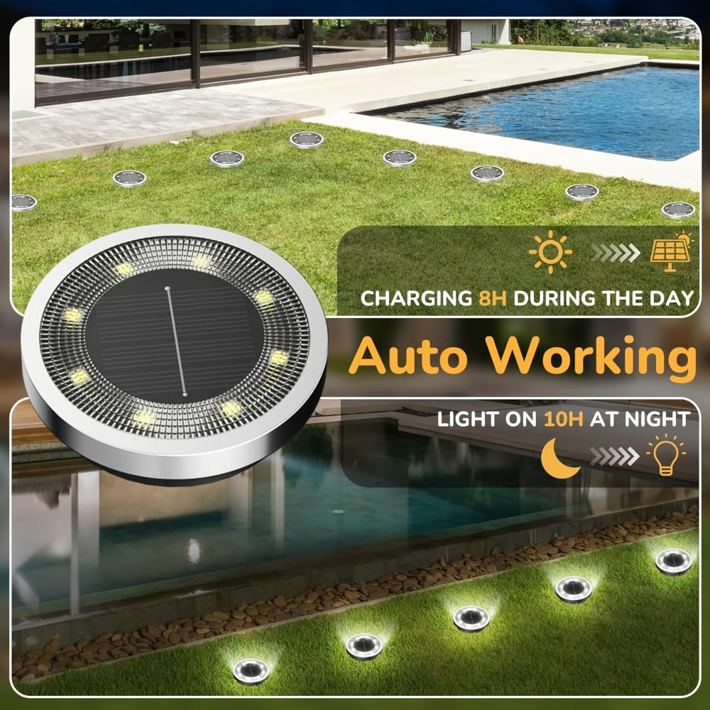 Solar Garden Light Ground Discs 8-Pack with 8 LEDs Each, Touch Dimming and Warm or Cool White Options