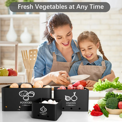 Vegetable Storage Box Set 3 Piece – Potato Onion Garlic Organizer Canisters with Flip-Top Lid, Metal Pantry Kitchen Food Storage Containers
