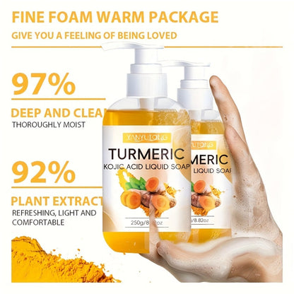Turmeric and Kojic Acid Liquid Body Wash in a 250g Amber Pump Bottle with Single-Piece Option