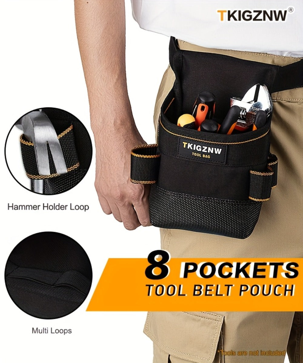 Black Tool Belt Pouch with Adjustable Waist Strap, Zipper Pocket and Multi-Compartment Layout