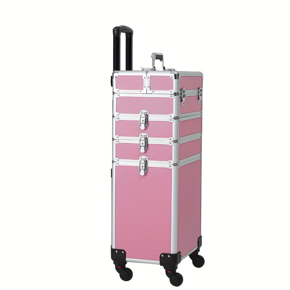 Four-in-One Rolling Makeup Case with Aluminum Frame, Swivel Wheels and Black, Pink or Silver Options