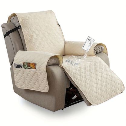 Quilted One-Piece Recliner Chair Cover with Side Pockets, Back Buckle Strap and 11 Color Options
