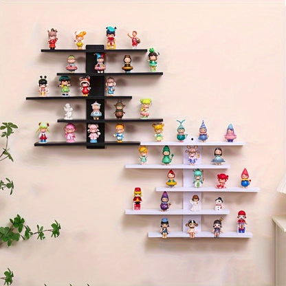 5-Tier Wall Mounted Floating Display Shelf Adjustable Fiberboard | Modern Decorative Storage Rack for Action Figures Building Blocks Collectibles Dolls Statues Home Office Shelving Unit Black White