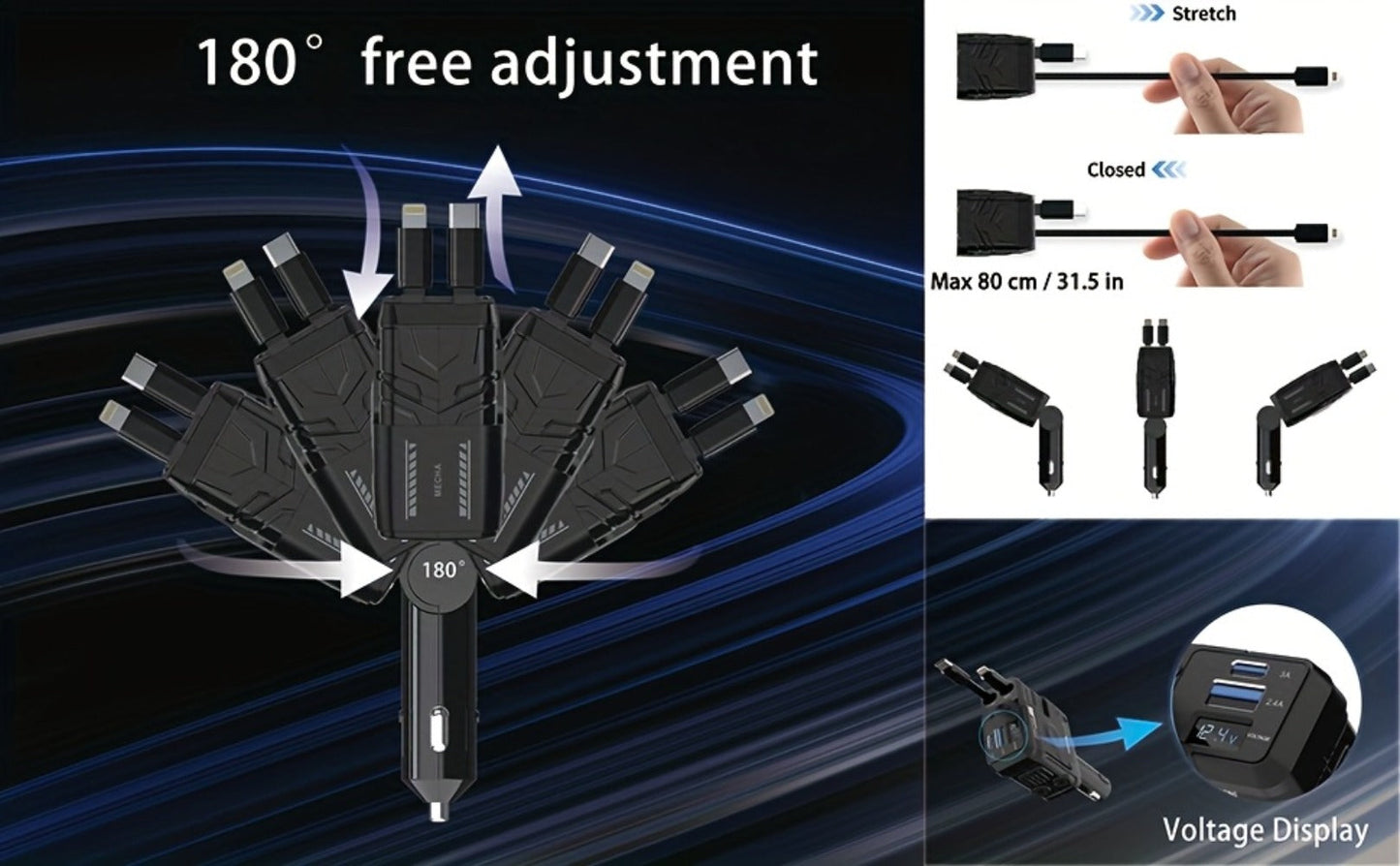 Dual Retractable Cable Car Charger 4-in-1 with Lightning & Type-C 31in, 2 USB-A Ports & Voltage Supervision – Tangle-Free Fast Car Phone Charger for iPhone Samsung Android, Multi Port Car Charging Adapter 4 Colors