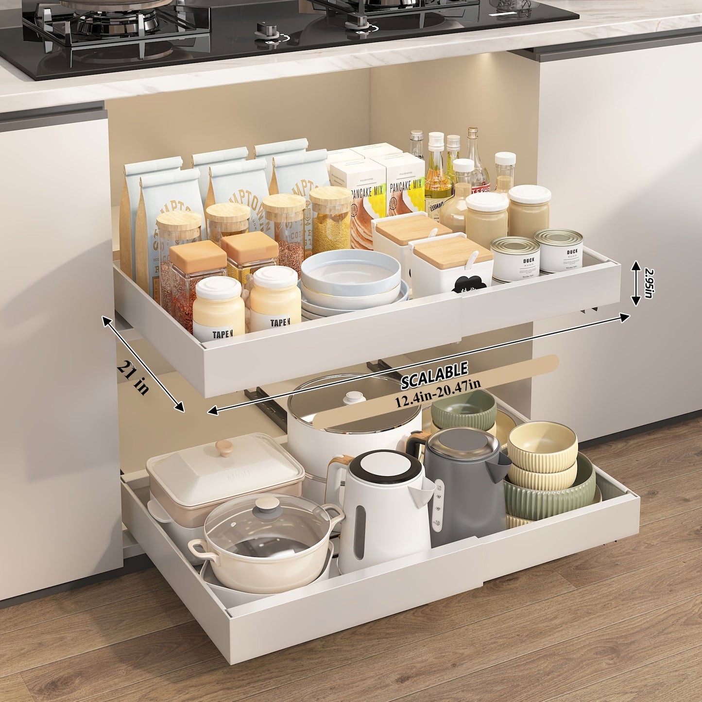 Expandable Pull-Out Cabinet Shelf with Adjustable Width, 16.5- or 21-Inch Depths and Black or White Pack Options