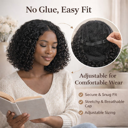 Synthetic Wig 14-Inch Deep-Wave Curly Bob with Glueless Rose Net Cap in Four Colors for Daily Style